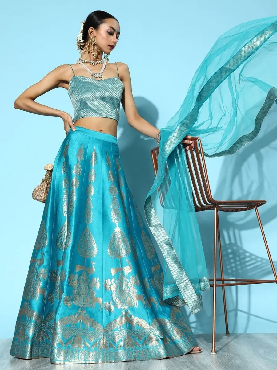 Blue Woven Lehenga with Dupatta and Blouse