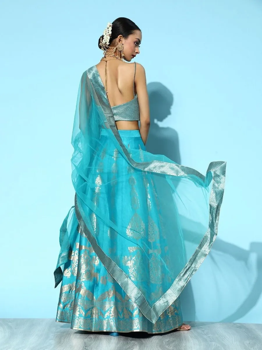 Blue Woven Lehenga with Dupatta and Blouse