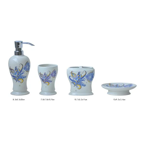 Blue, Yellow and Gold Ceramic Bathroom Accessory Set