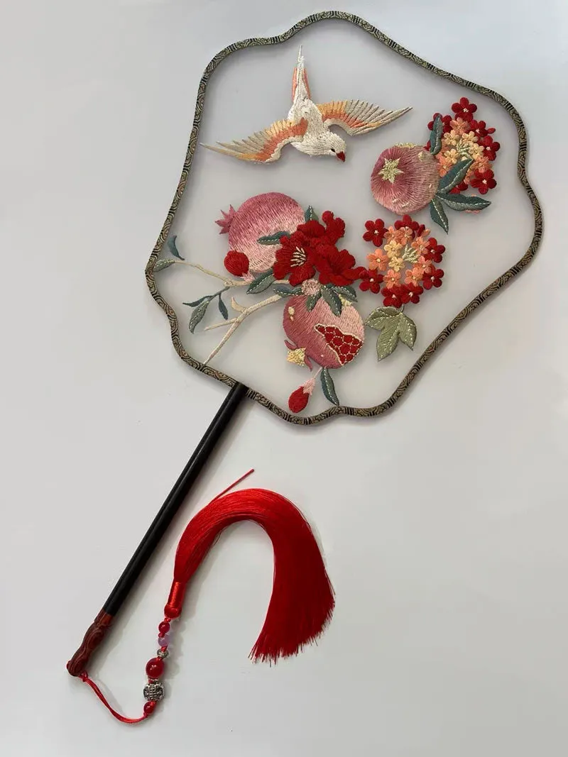 Bluedail Single Side Embroidered Red Pomegranate Flower and Bird Decorative Fan Chinese Gift