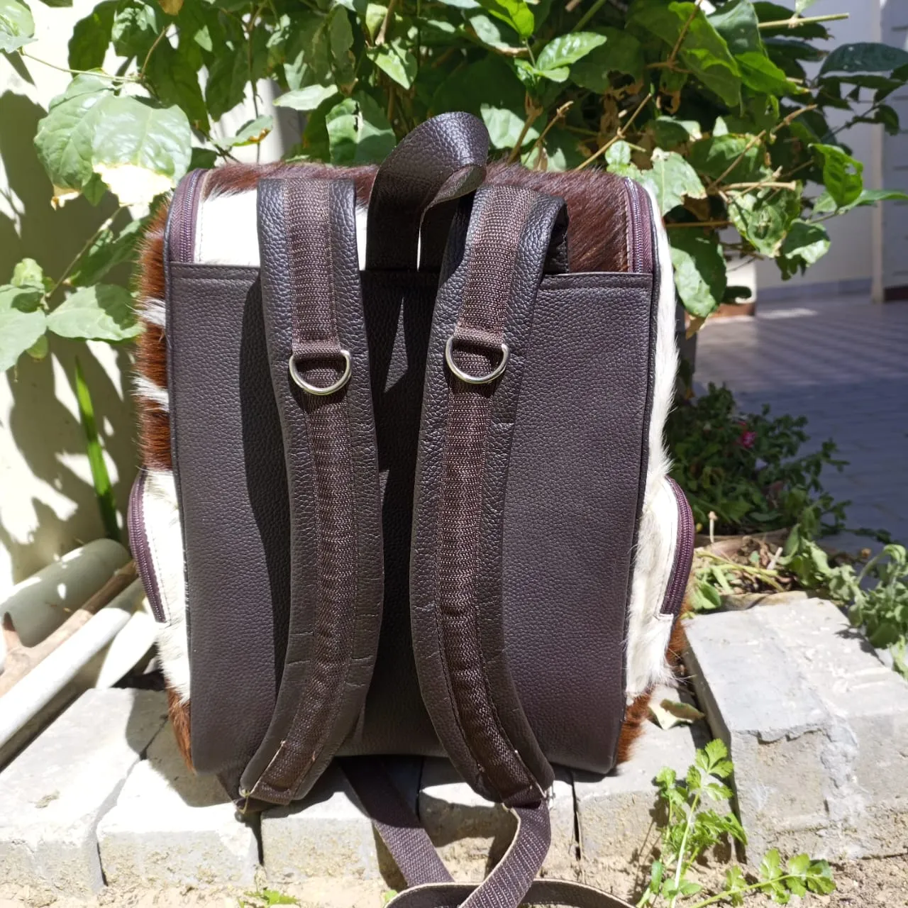 Brown and White Backpack Large With Leather Pouch