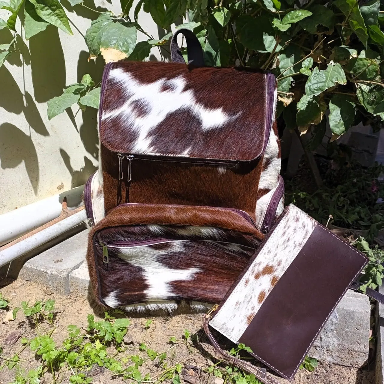 Brown and White Backpack Large With Leather Pouch