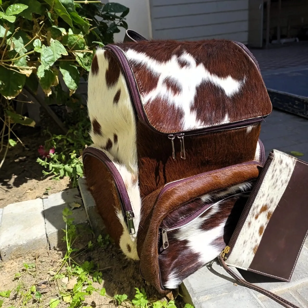 Brown and White Backpack Large With Leather Pouch