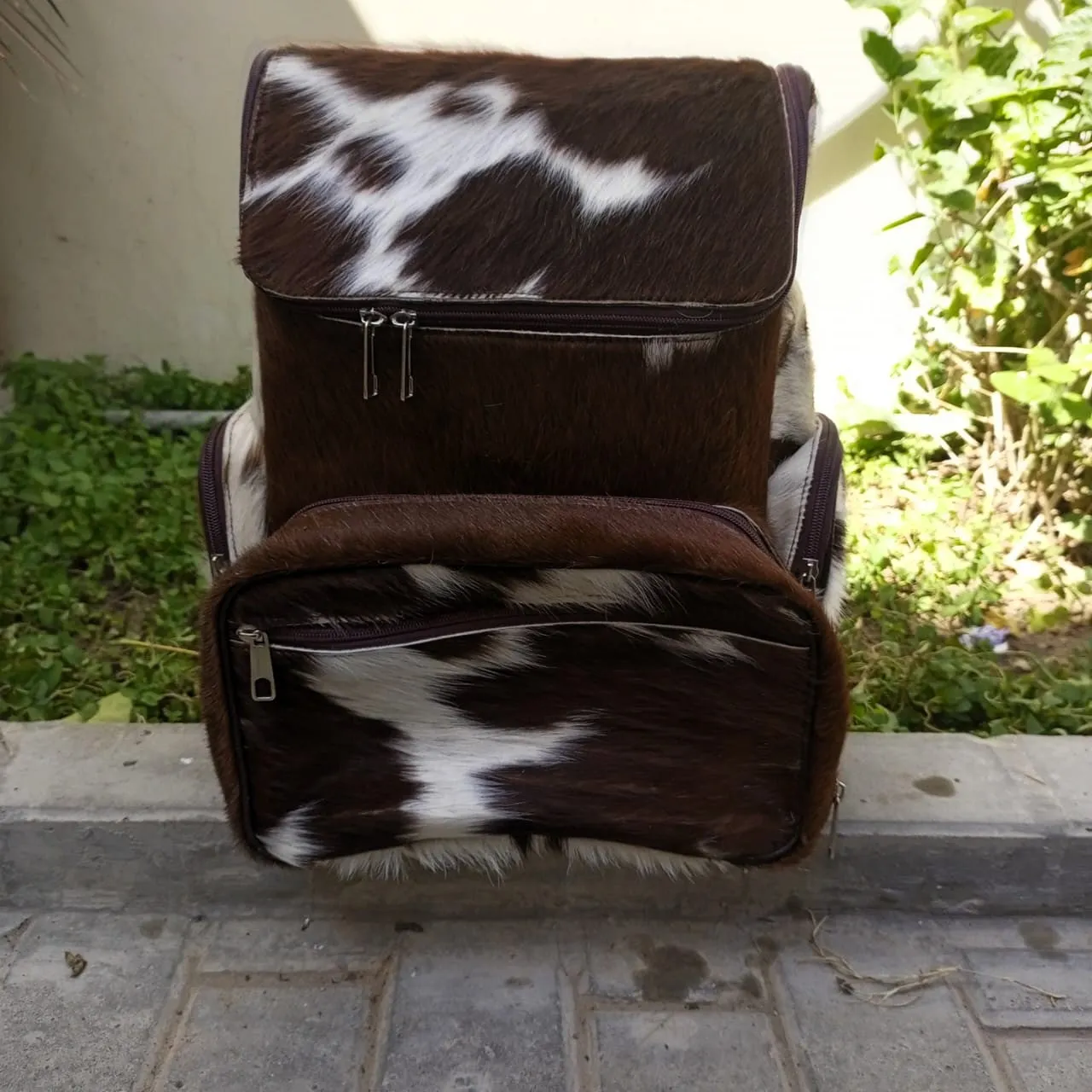 Brown and White Backpack Large With Leather Pouch