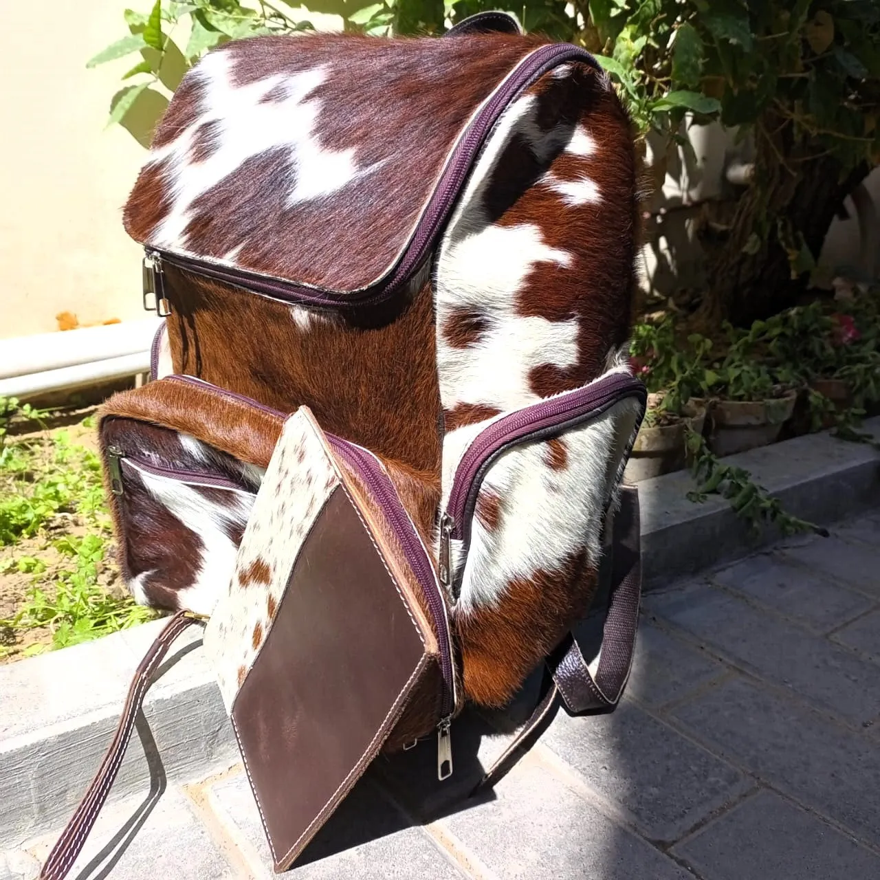 Brown and White Backpack Large With Leather Pouch