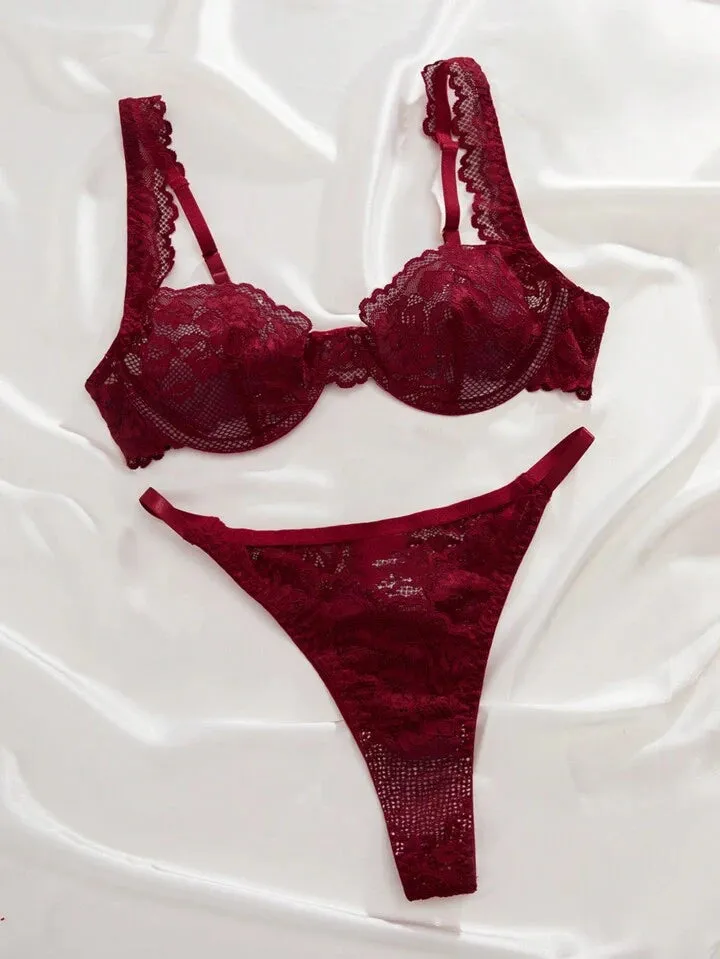 Burgundy Lingerie Set Mesh See Through