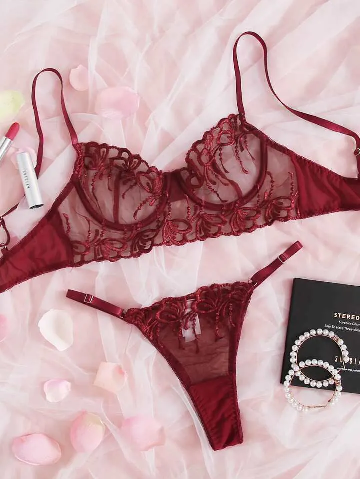 Burgundy Red Lingerie Set Mesh