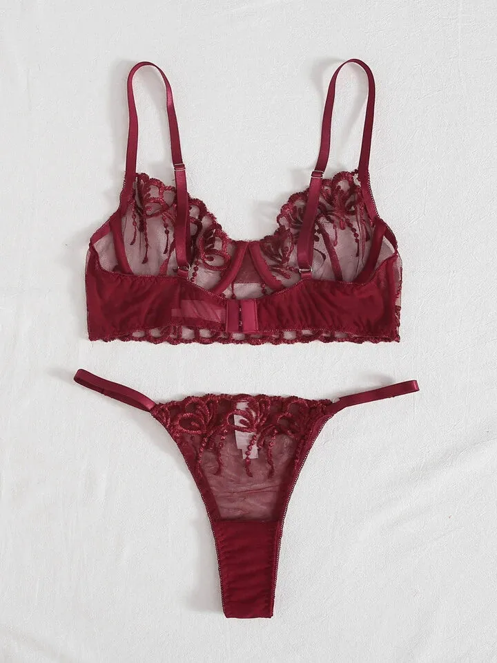 Burgundy Red Lingerie Set Mesh