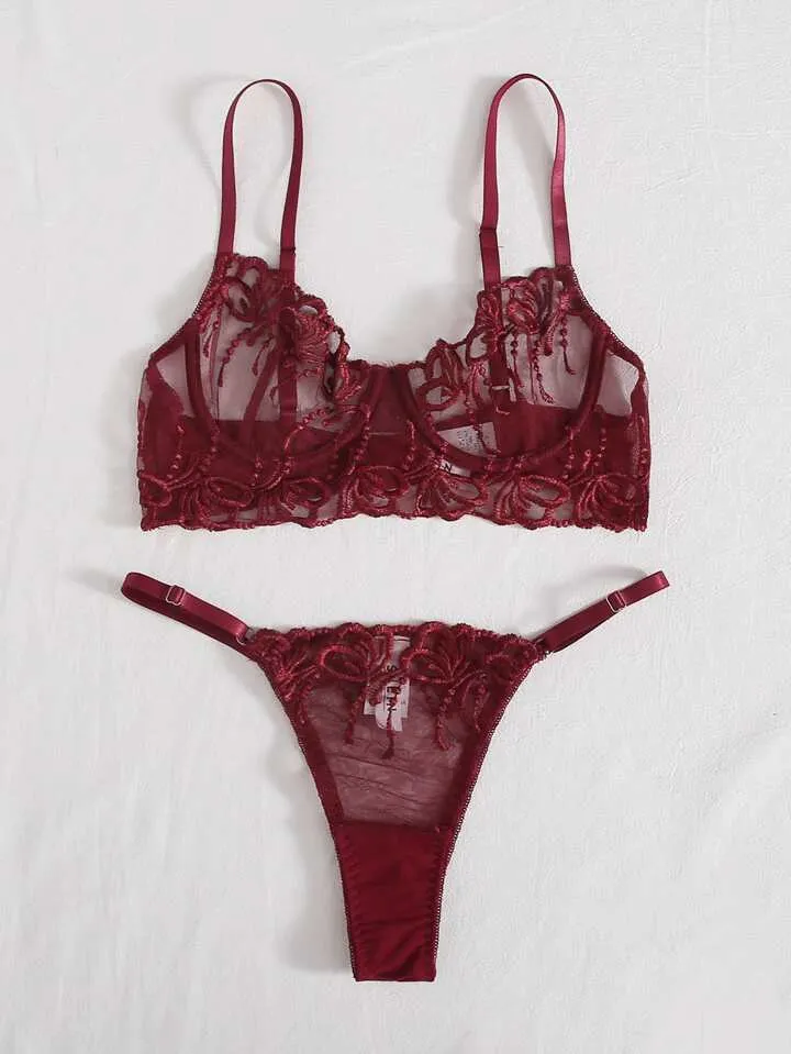 Burgundy Red Lingerie Set Mesh