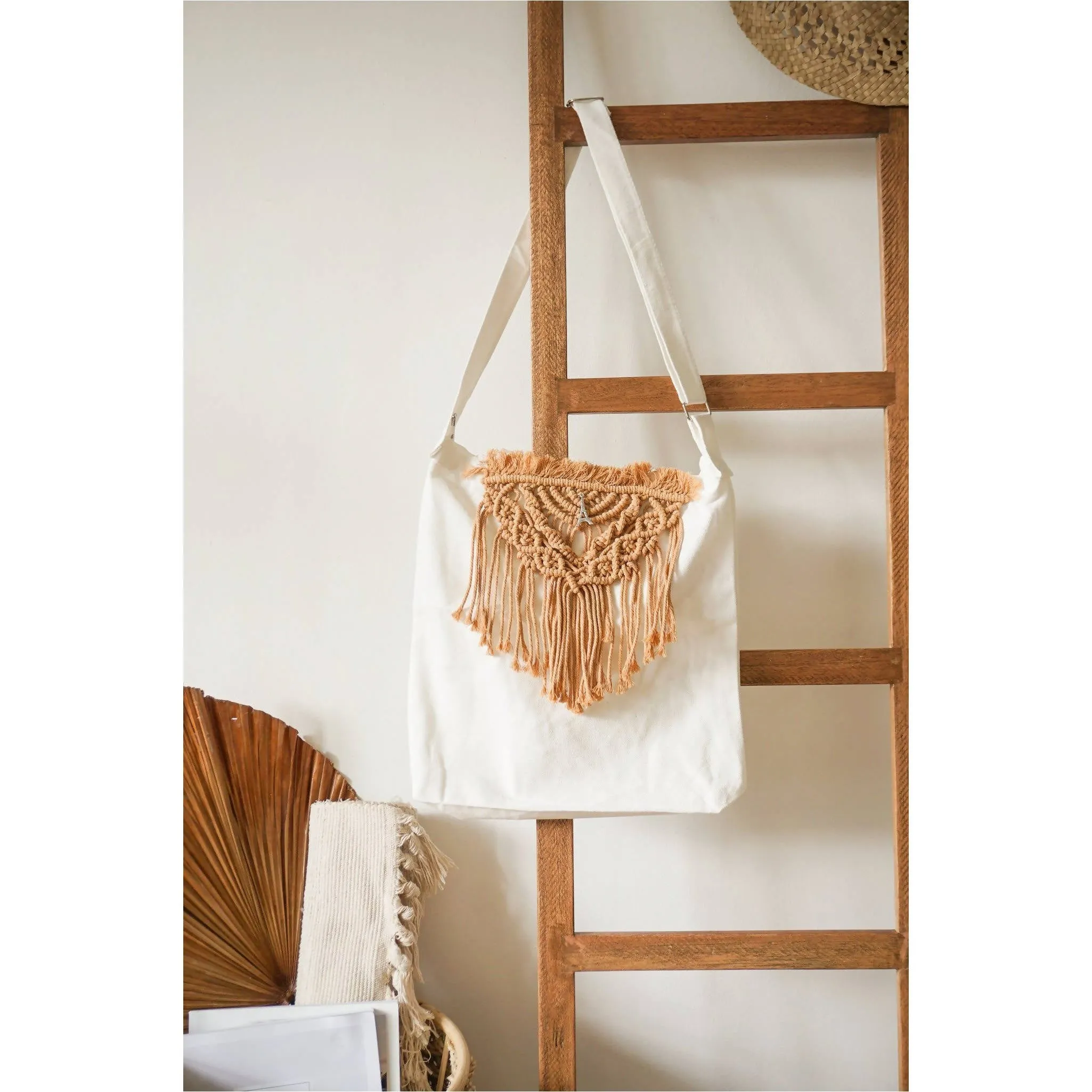 Canvas Bag Embellished with Macrame Design