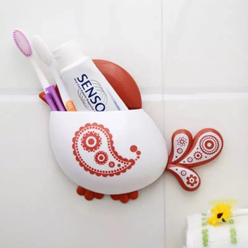 Cartoon Bird Pattern Suction Cup Tooth Brush Holder, Cute Cartoon Sucker Hook Toothbrush Holder, Wall Mounted Pen And Toothpaste Rack, Drain Free Comb Spoons Storage Box