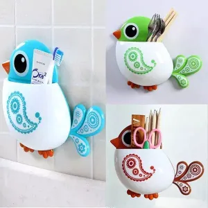 Cartoon Bird Pattern Suction Cup Tooth Brush Holder, Cute Cartoon Sucker Hook Toothbrush Holder, Wall Mounted Pen And Toothpaste Rack, Drain Free Comb Spoons Storage Box