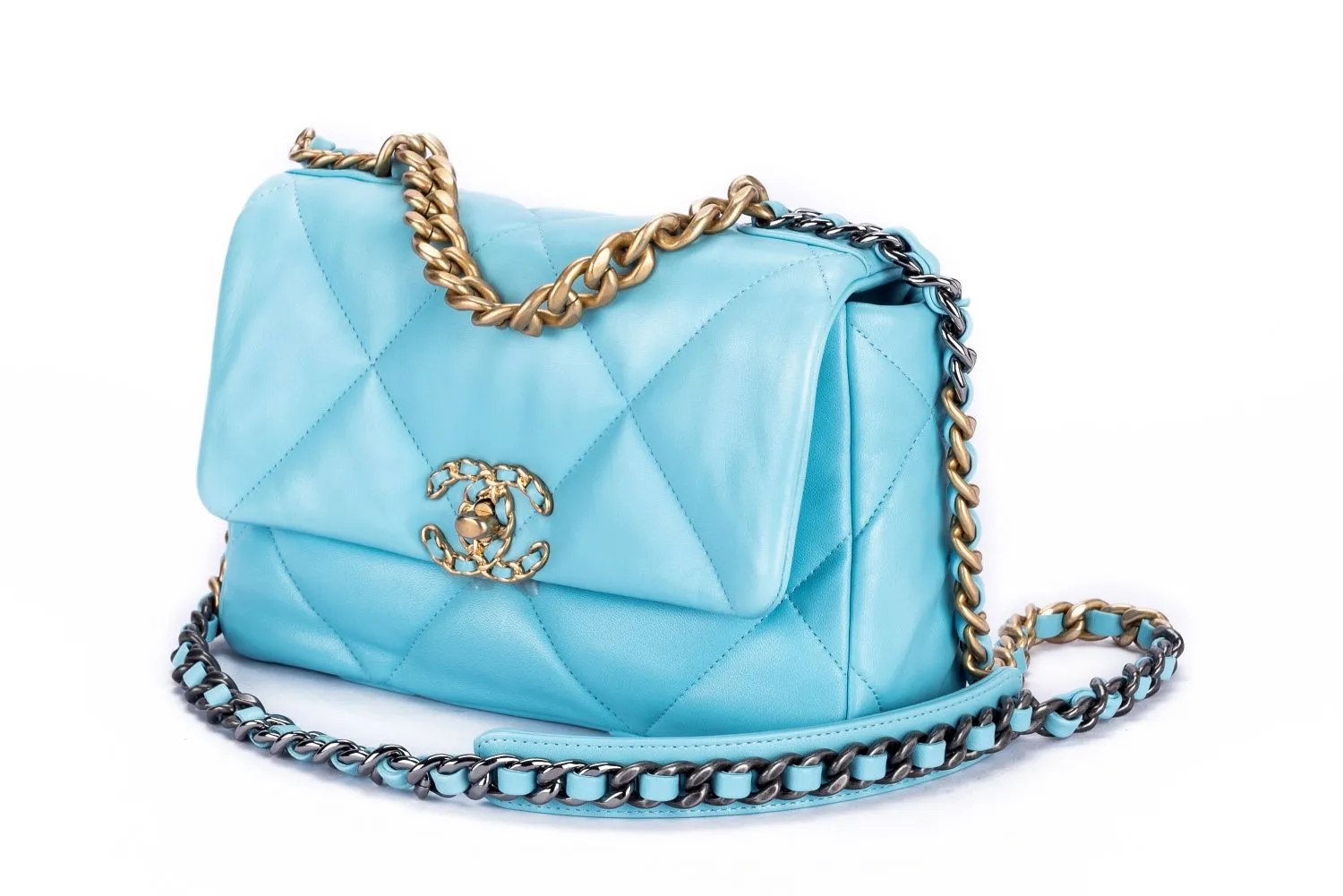 Chanel 19 Flap Bag (3127xxxx) Small Size Pastel Blue Lambskin with Card, Dust Cover & Box