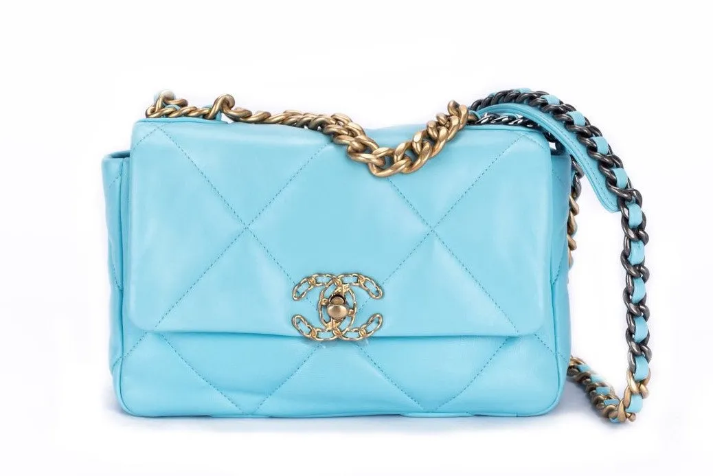 Chanel 19 Flap Bag (3127xxxx) Small Size Pastel Blue Lambskin with Card, Dust Cover & Box