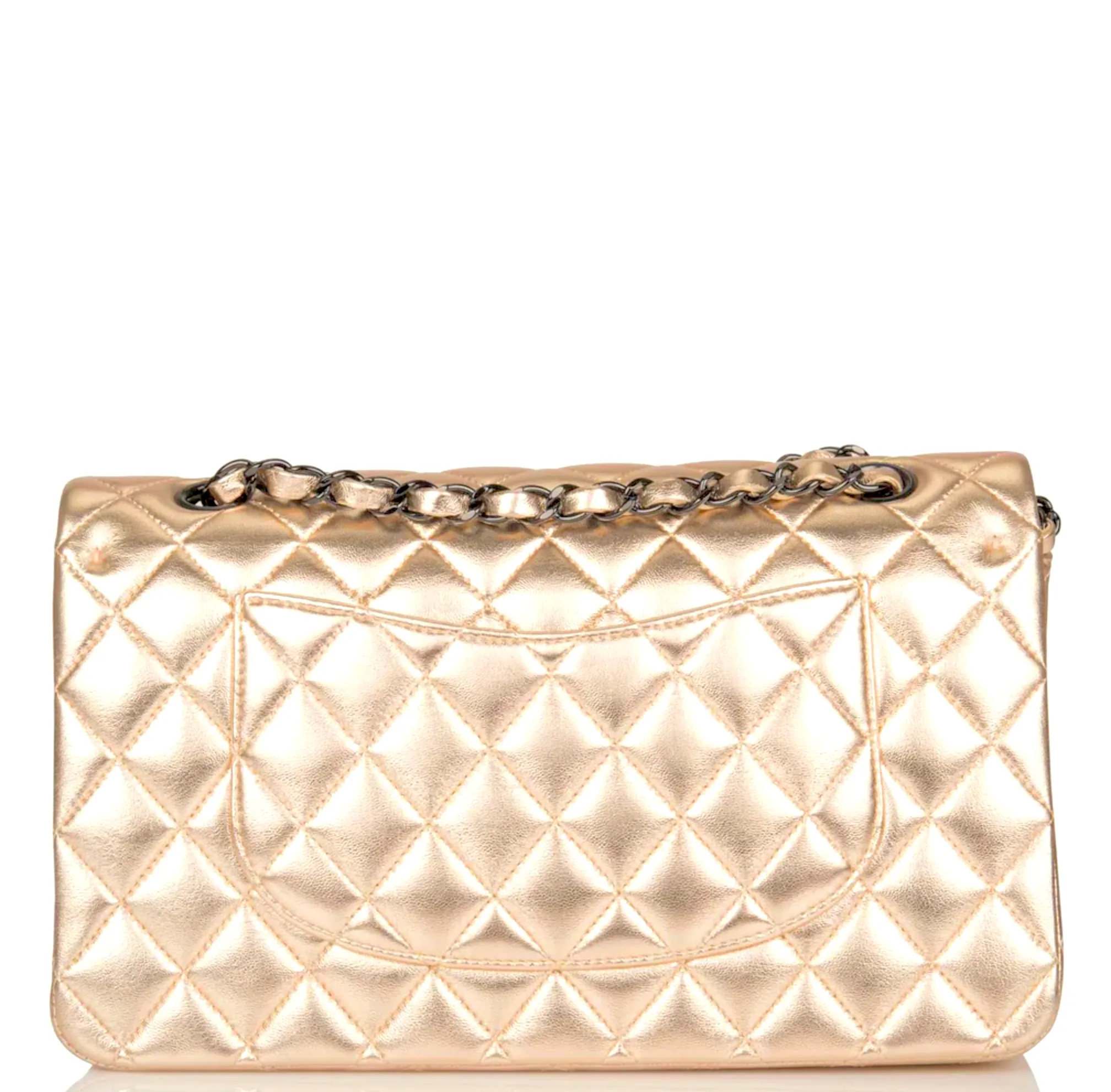 CHANEL Metallic Lambskin Quilted Double Flap Bag