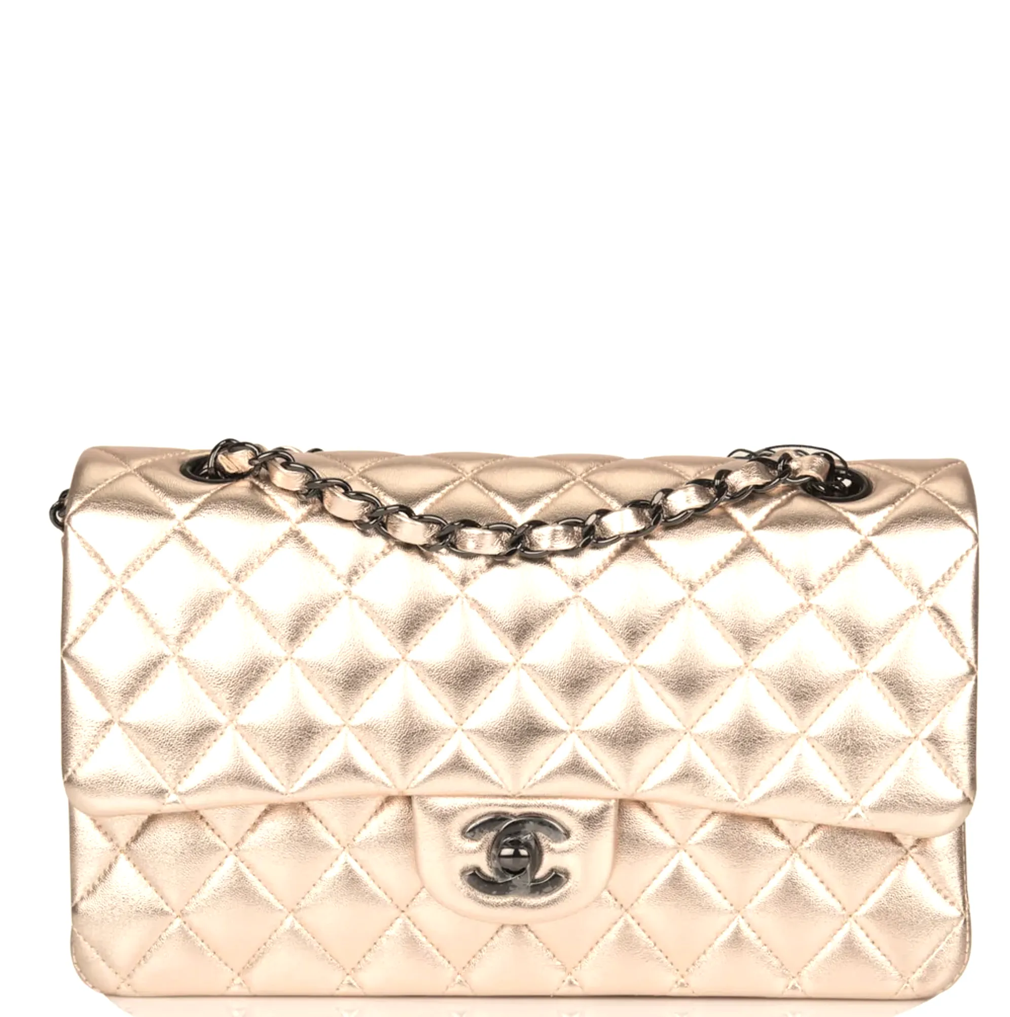 CHANEL Metallic Lambskin Quilted Double Flap Bag