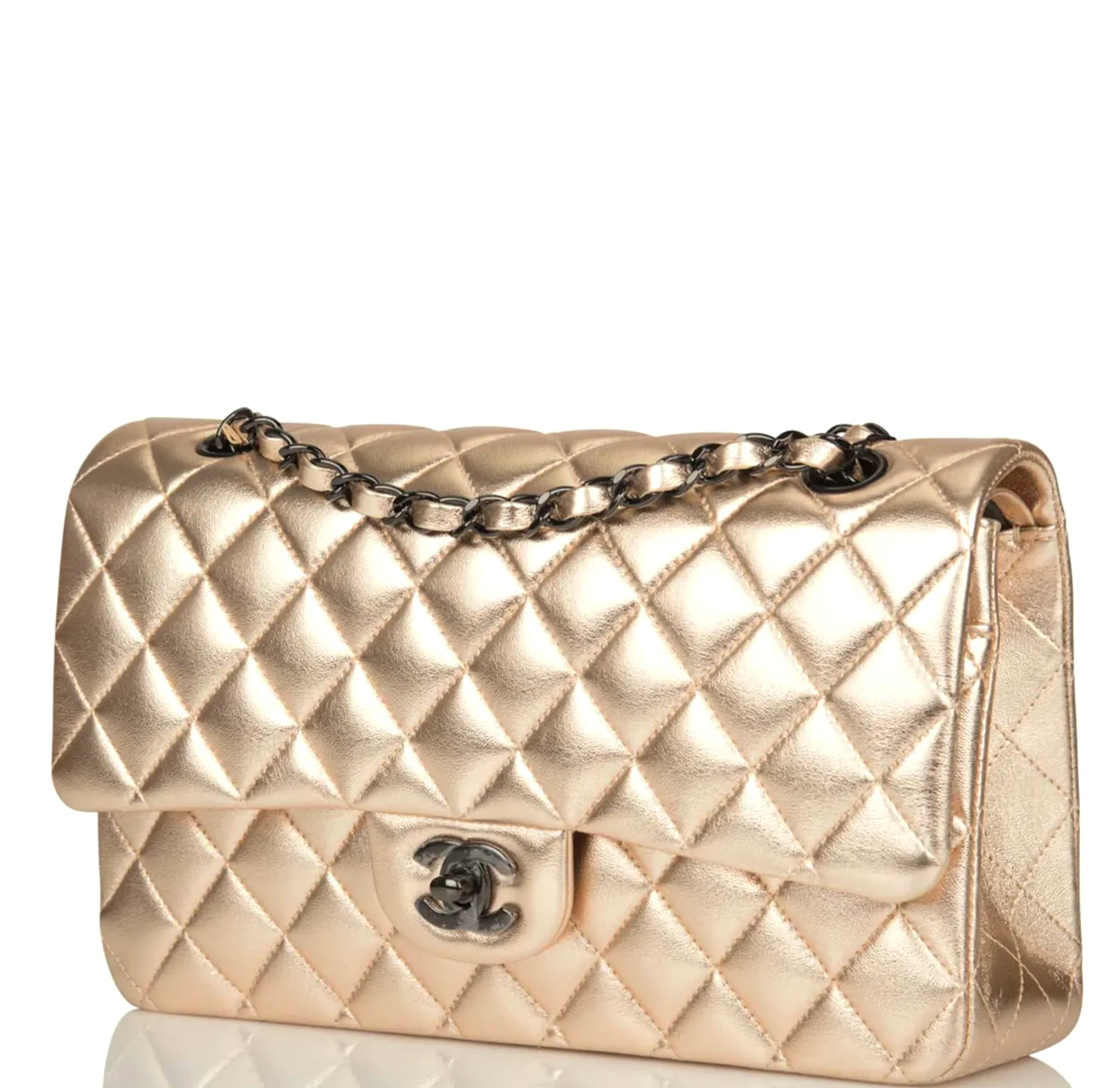 CHANEL Metallic Lambskin Quilted Double Flap Bag