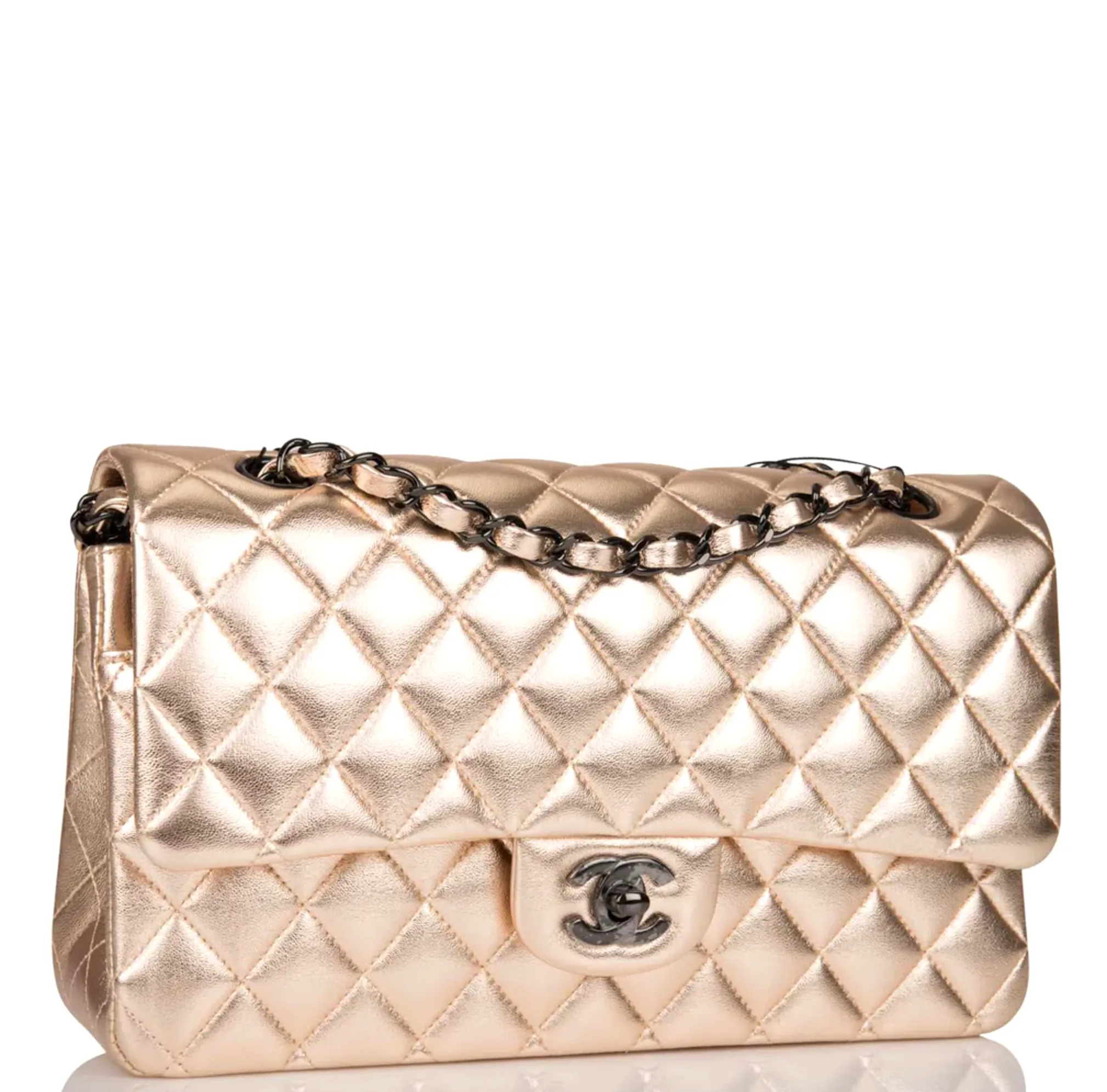 CHANEL Metallic Lambskin Quilted Double Flap Bag