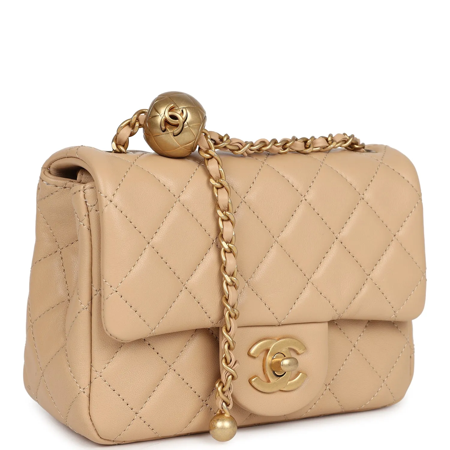 Chanel Mini Square Pearl Crush Flap Bag Beige Lambskin Aged Gold Hardware