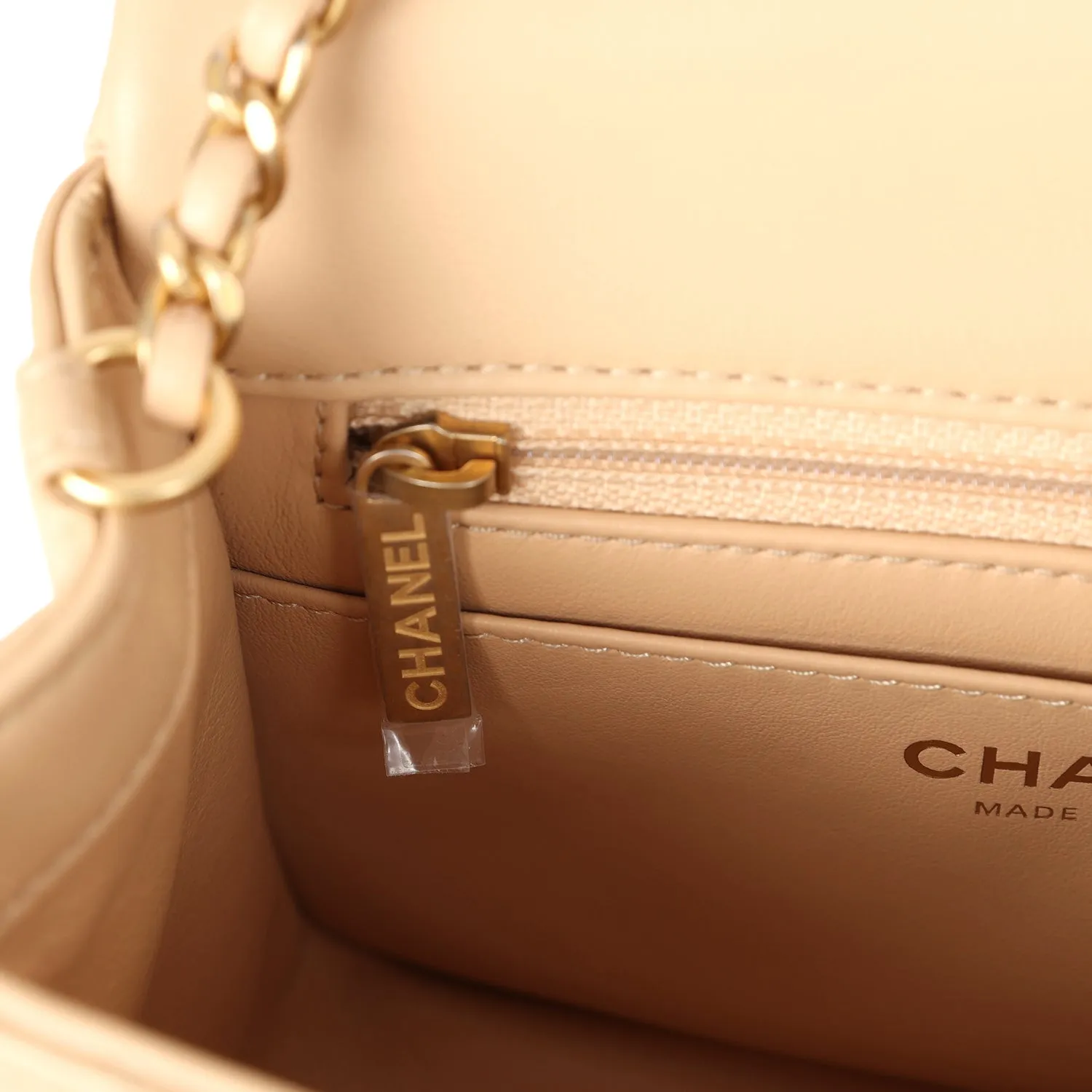 Chanel Mini Square Pearl Crush Flap Bag Beige Lambskin Aged Gold Hardware