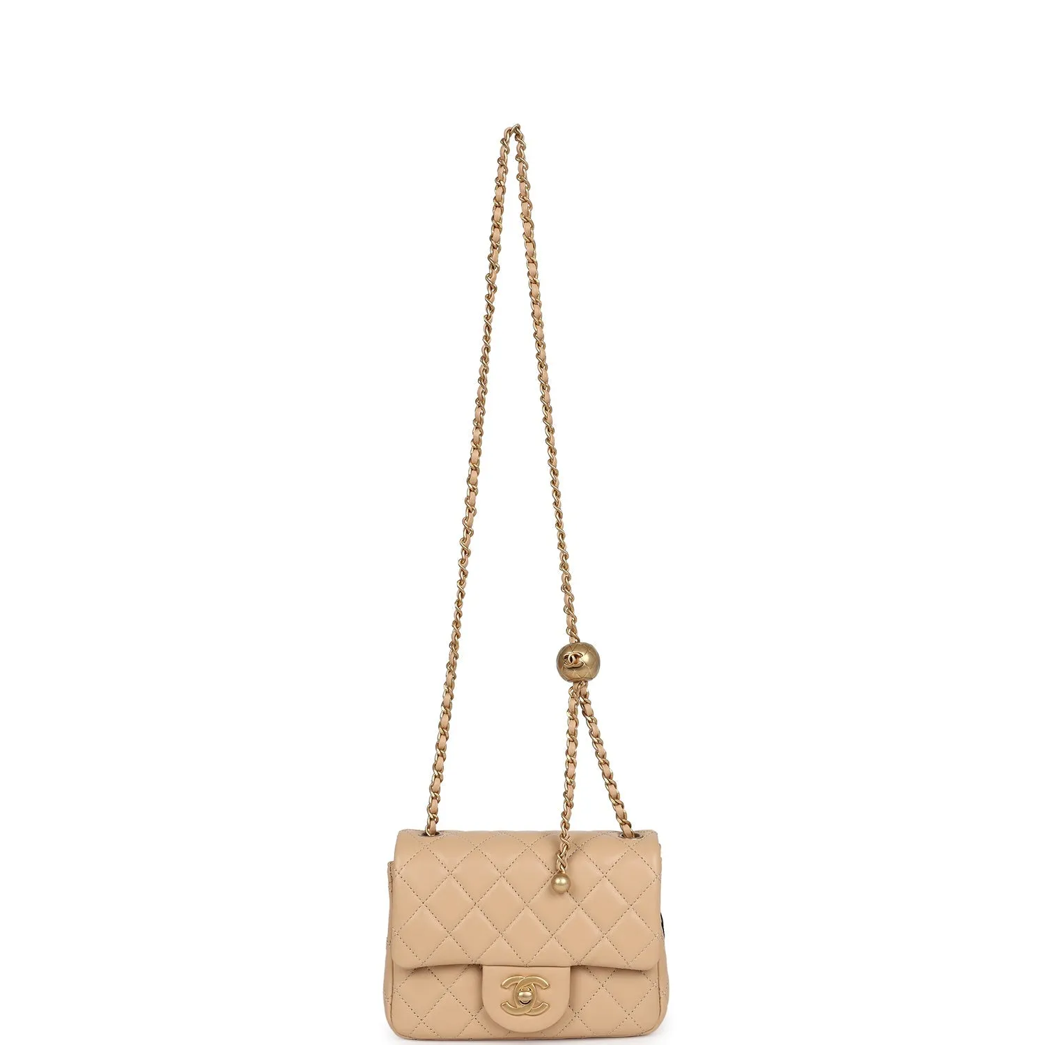 Chanel Mini Square Pearl Crush Flap Bag Beige Lambskin Aged Gold Hardware