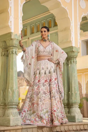 Cream Mughal Raw Silk Lehenga Set