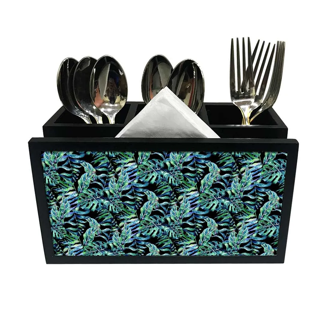 Cutlery Tissue Holder Napkin Stand -  Dark Green Tropical Leaf