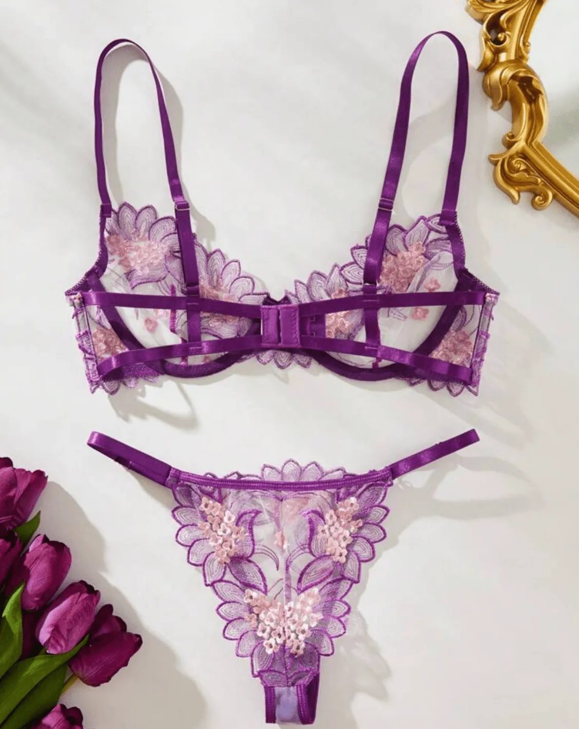 Embroidered Purple Lingerie Set