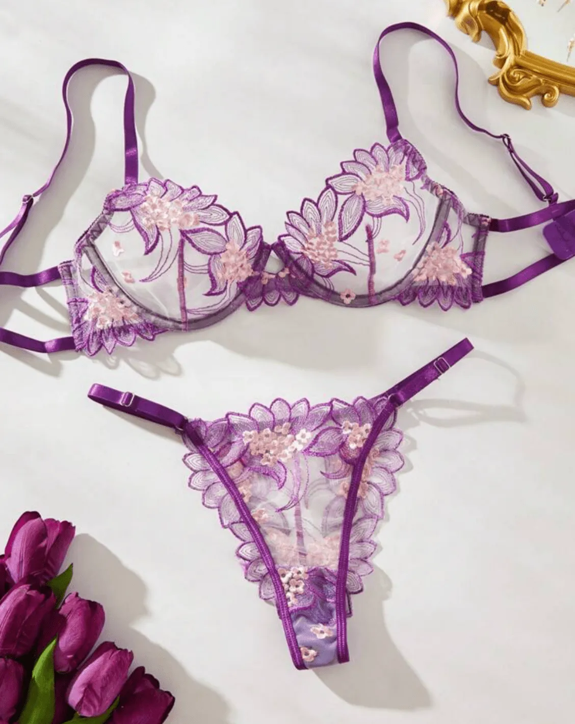 Embroidered Purple Lingerie Set