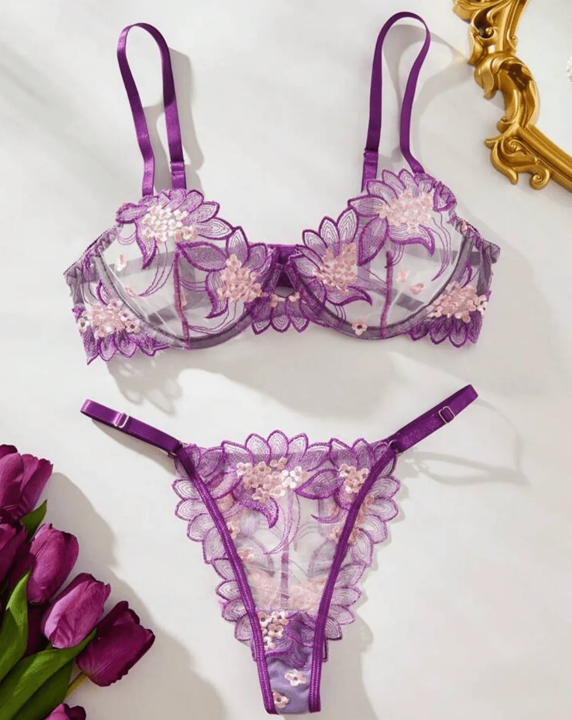 Embroidered Purple Lingerie Set