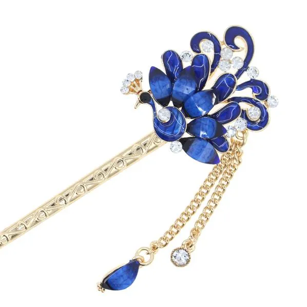 Enamel Peacock Hair Stick with Rhinestones and Tassels