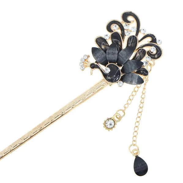 Enamel Peacock Hair Stick with Rhinestones and Tassels