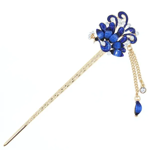 Enamel Peacock Hair Stick with Rhinestones and Tassels