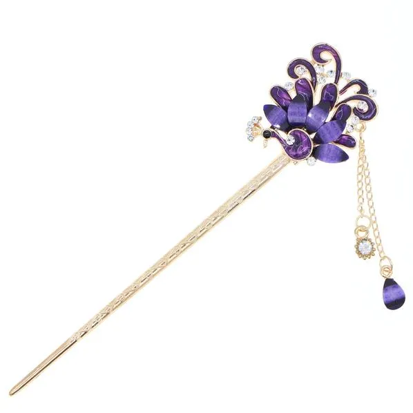 Enamel Peacock Hair Stick with Rhinestones and Tassels