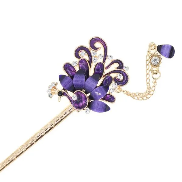 Enamel Peacock Hair Stick with Rhinestones and Tassels