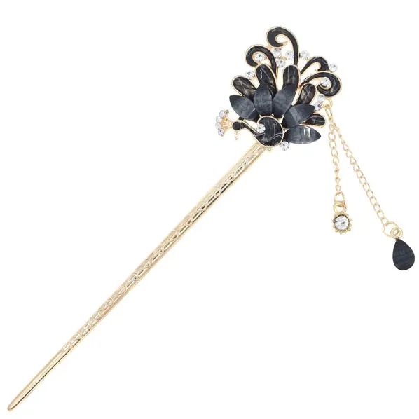 Enamel Peacock Hair Stick with Rhinestones and Tassels