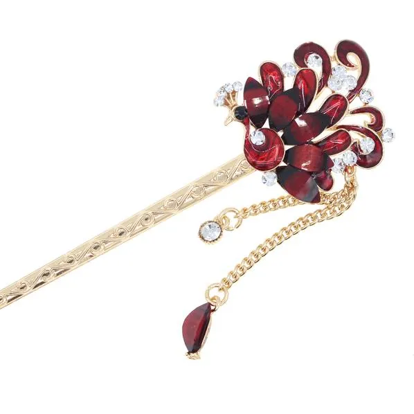 Enamel Peacock Hair Stick with Rhinestones and Tassels