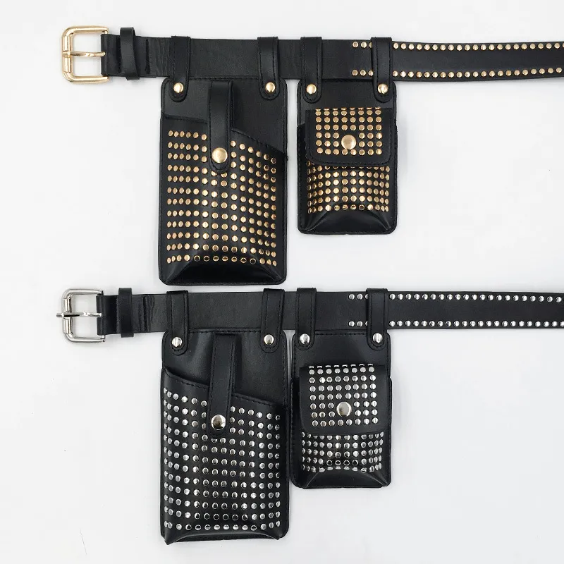 Fashion Rivets Detachable Double Waist Bag / Punk Bag With Adjustable Belt