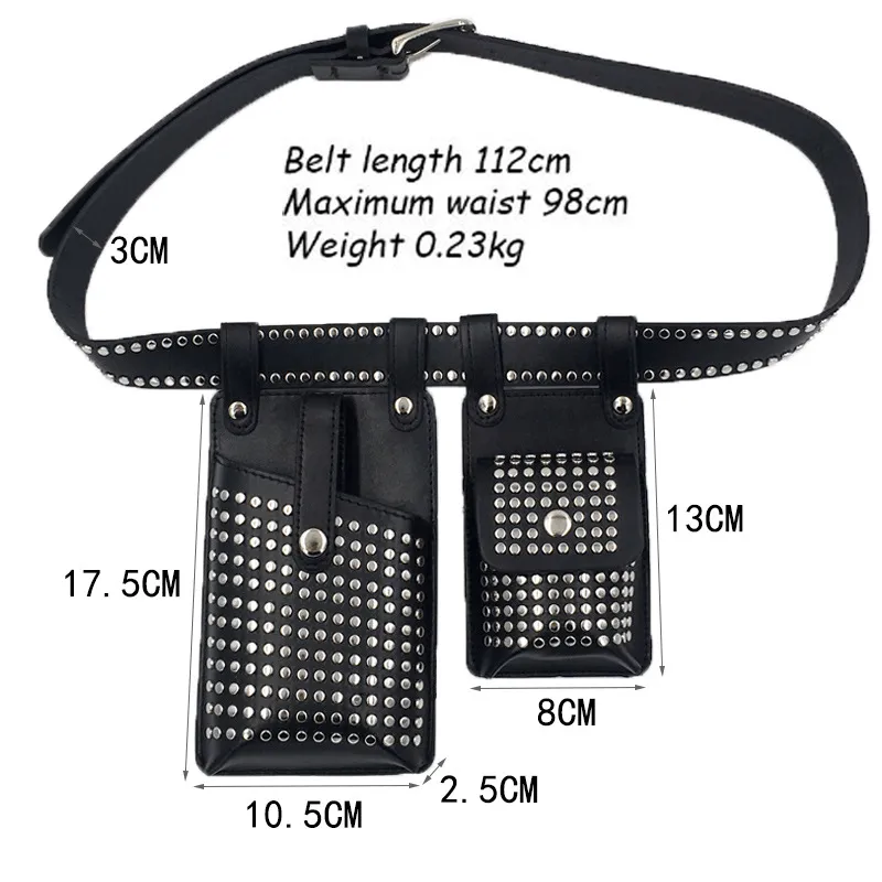 Fashion Rivets Detachable Double Waist Bag / Punk Bag With Adjustable Belt