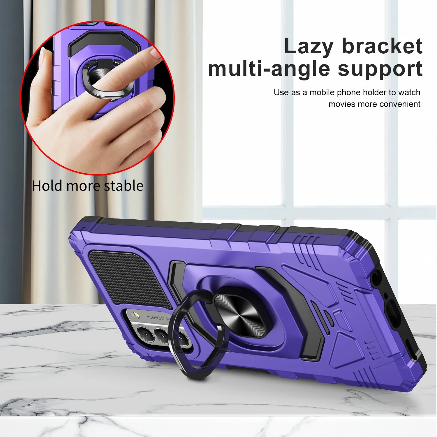 For Nokia C300 Case [Military Grade] Ring Car Mount Kickstand w/[Tempered Glass] Hybrid Hard PC Soft TPU Shockproof Protective Case - Purple