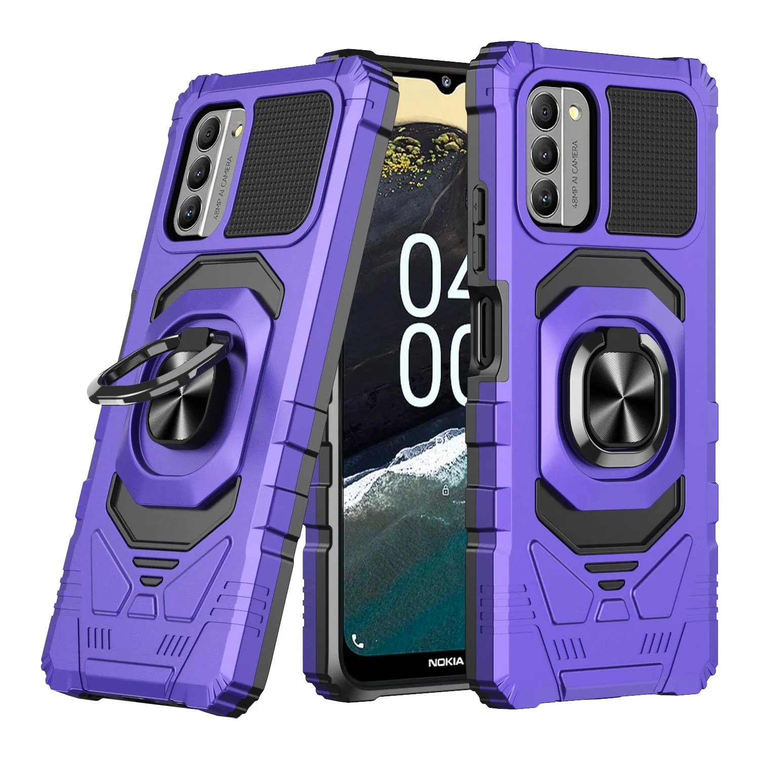 For Nokia C300 Case [Military Grade] Ring Car Mount Kickstand w/[Tempered Glass] Hybrid Hard PC Soft TPU Shockproof Protective Case - Purple