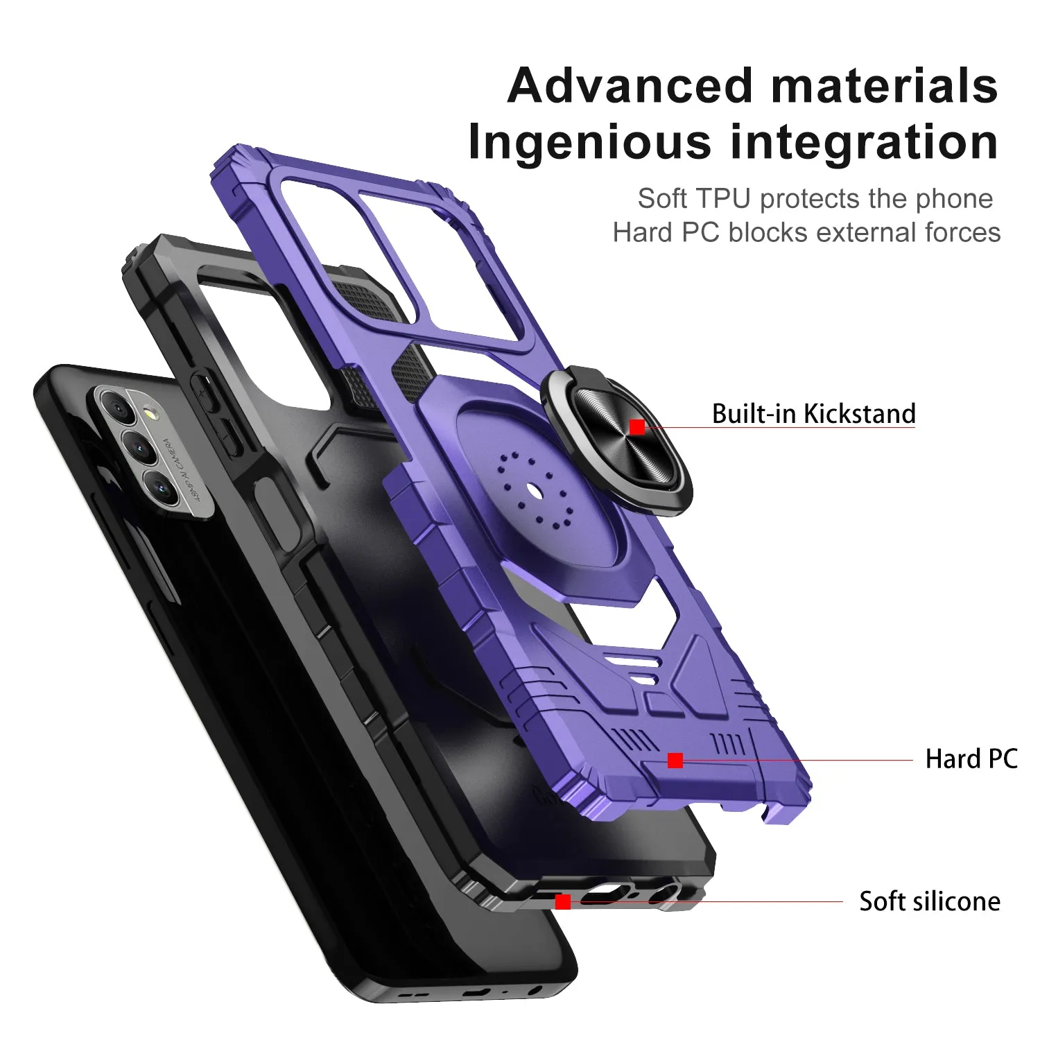 For Nokia C300 Case [Military Grade] Ring Car Mount Kickstand w/[Tempered Glass] Hybrid Hard PC Soft TPU Shockproof Protective Case - Purple