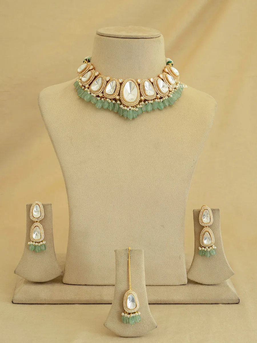 Green Color Gold Plated Faux Polki Bridal Necklace Set - PK-S39GR