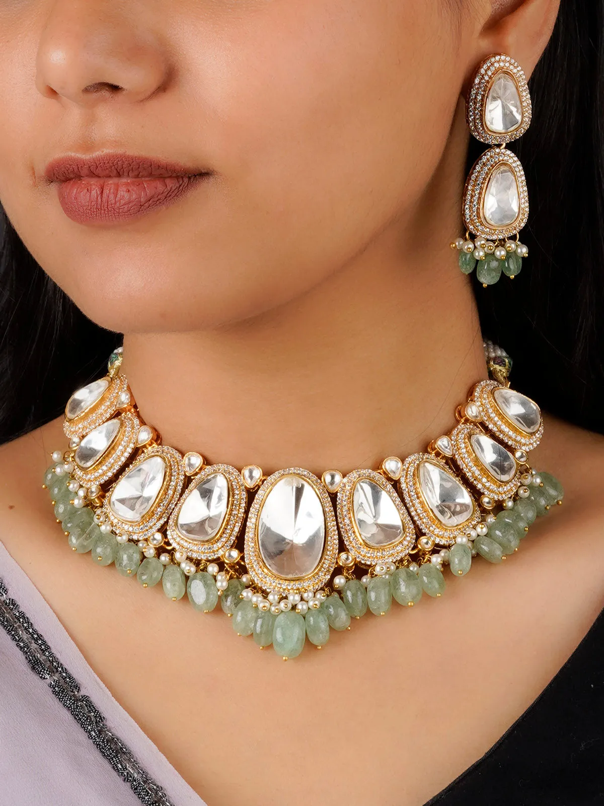 Green Color Gold Plated Faux Polki Bridal Necklace Set - PK-S39GR