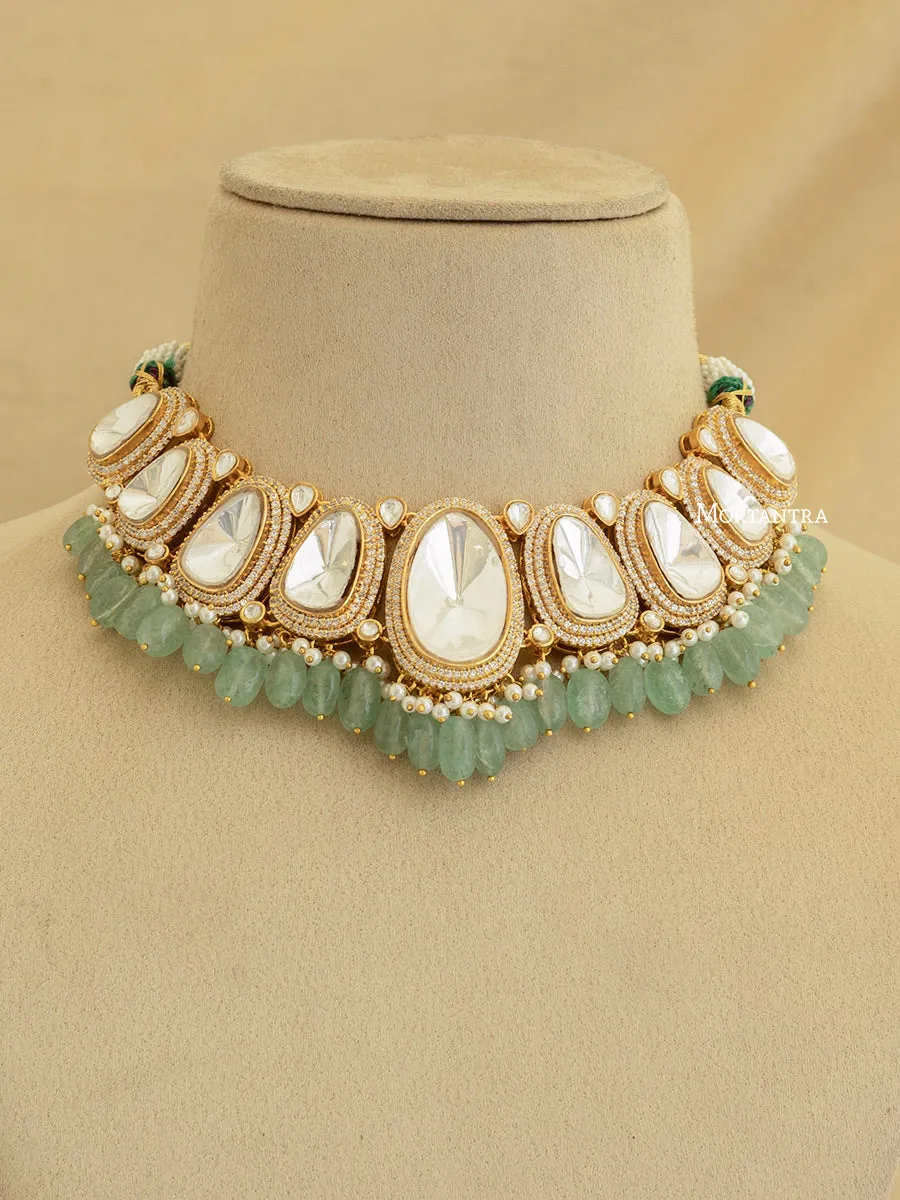 Green Color Gold Plated Faux Polki Bridal Necklace Set - PK-S39GR