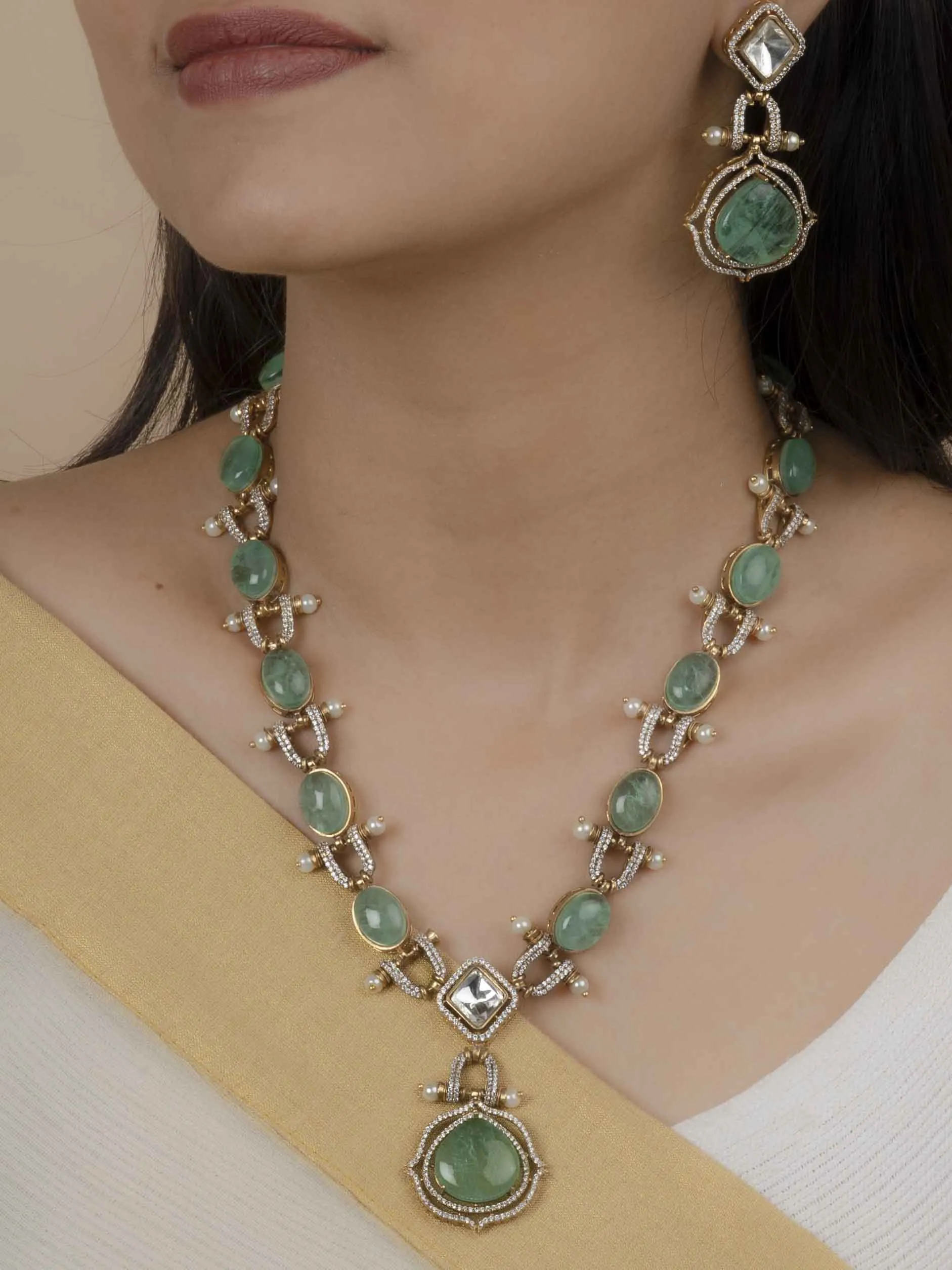 Green Color Gold Plated Faux Polki Necklace Set - PK-S107LGR