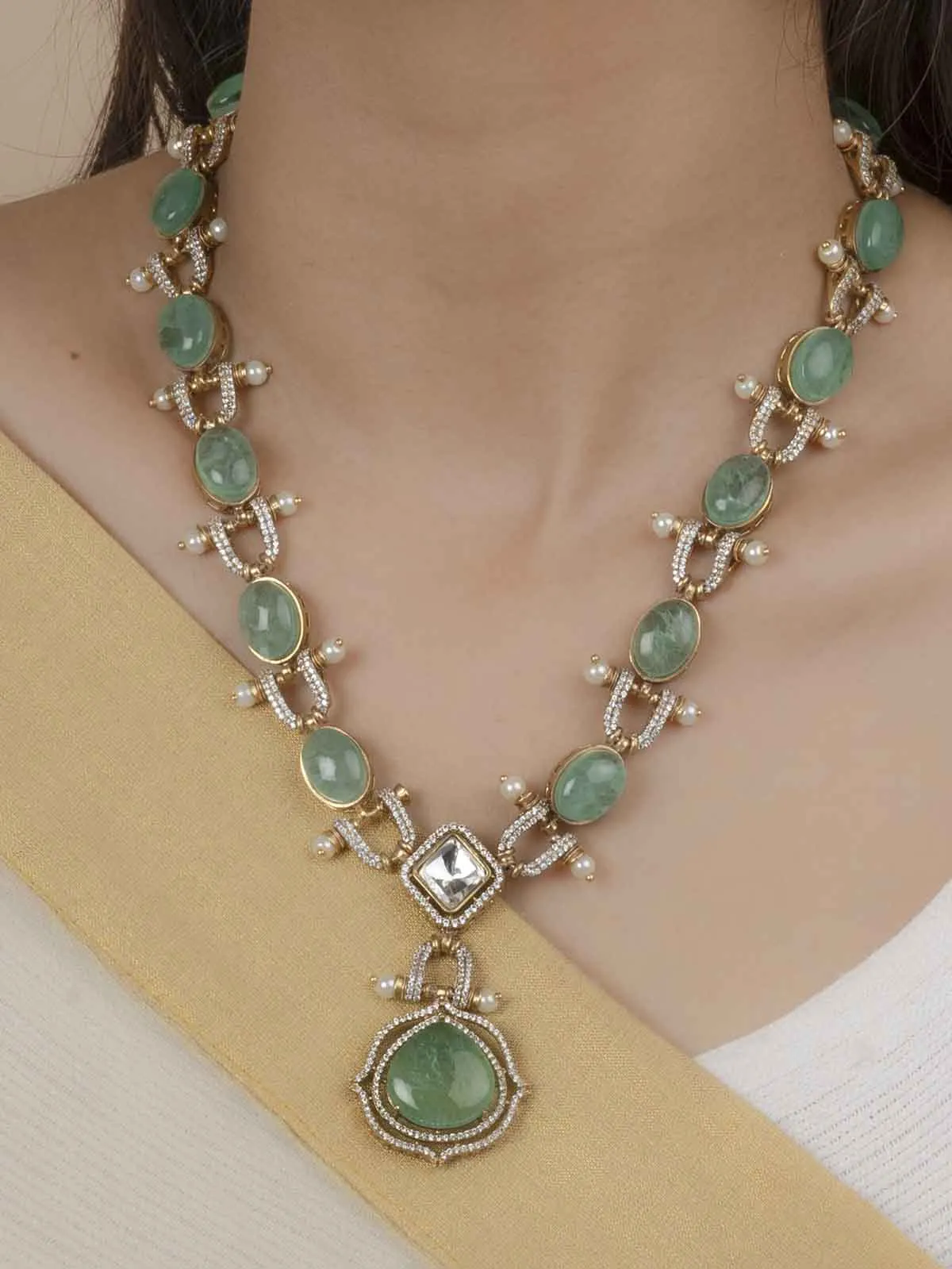 Green Color Gold Plated Faux Polki Necklace Set - PK-S107LGR