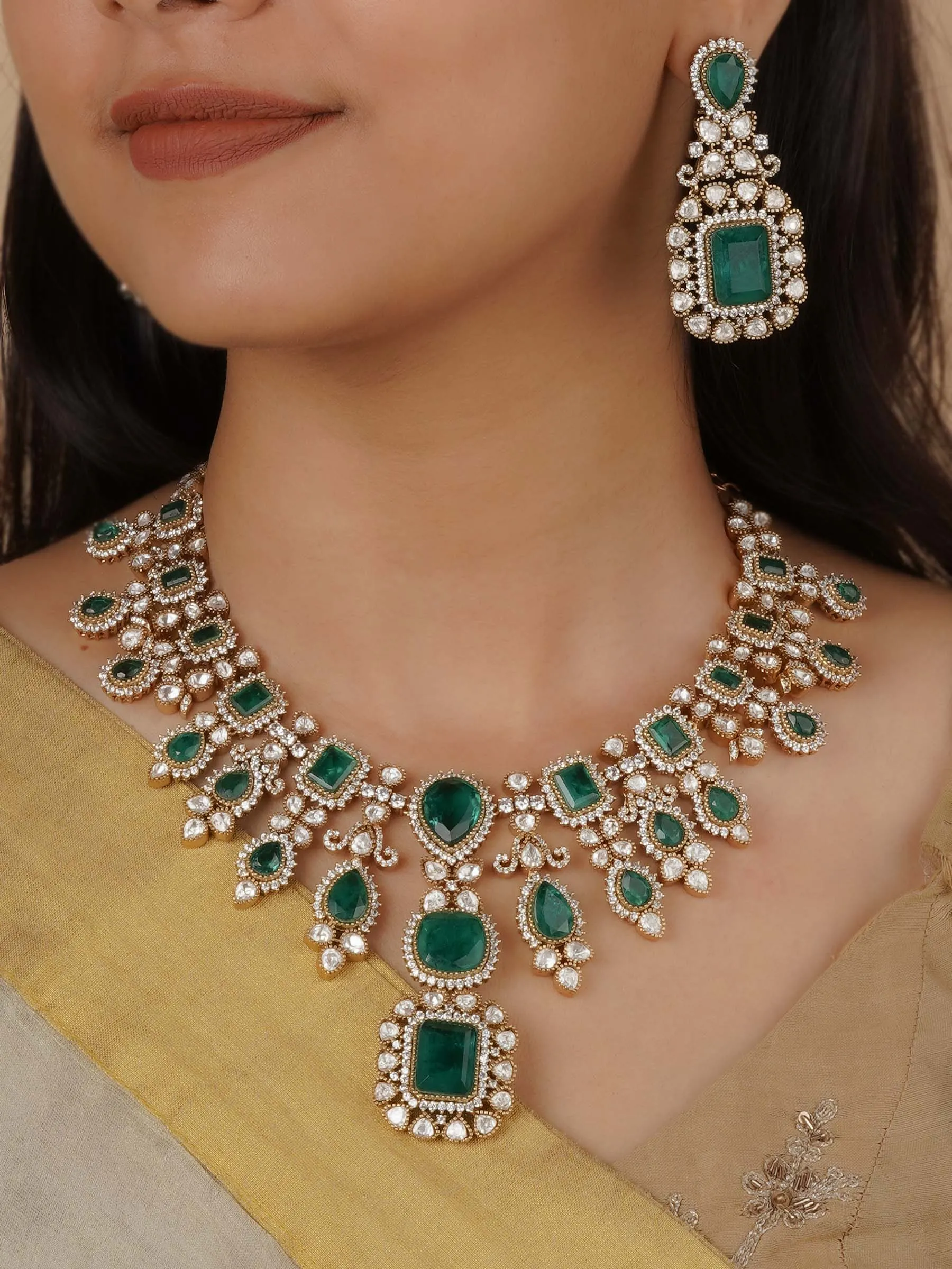 Green Color Gold Plated Faux Polki Necklace Set - PK-S159GR