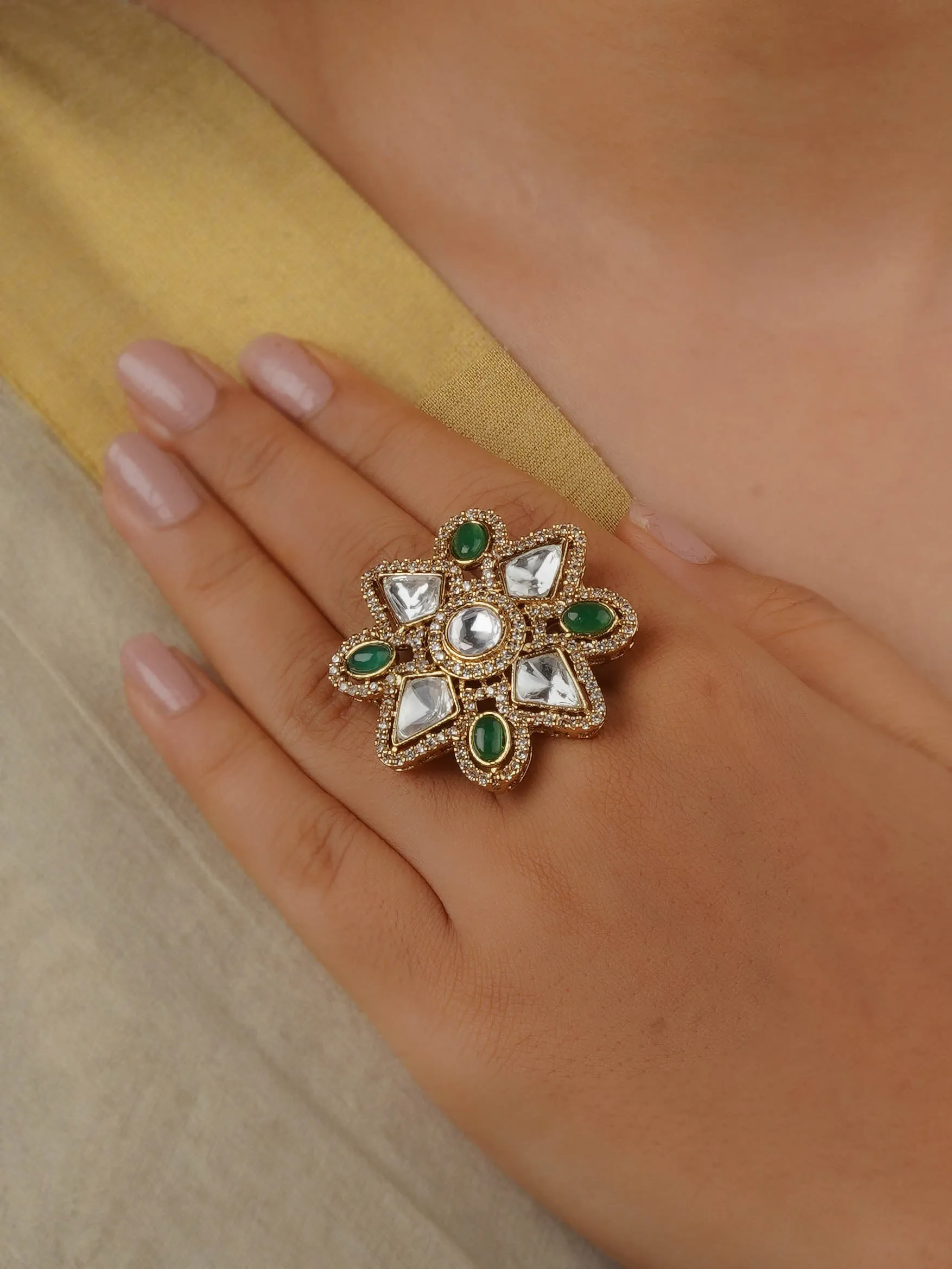 Green Color Gold Plated Faux Polki Ring - PK-R8WGR