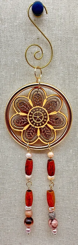 Hand painted Wooden Dreamcatcher w/ Zebra Stone, Artistic Jasper, Bone Bead, & Freshwater Pearl (M)